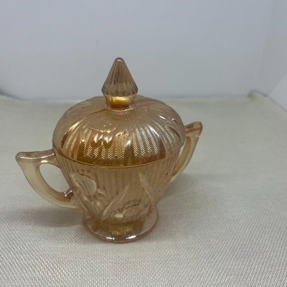 Vintage Jeanette Glass IRIS & HERRINGBONE Apricot Sugar Bowl EUC - Picture 4 of 4